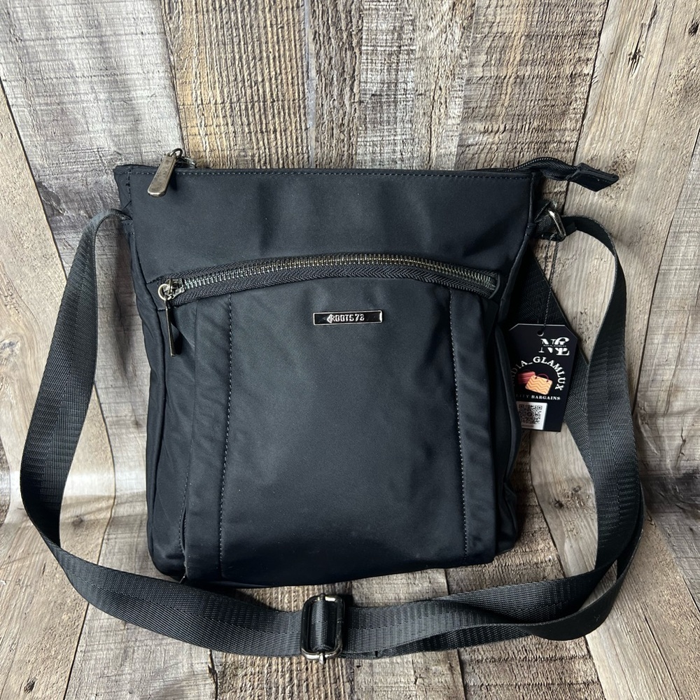 ROOTS 73 Black Adjustable Messenger Crossbody  Nylon Zip Top Pocket Shoulder Bag - Picture 6 of 12